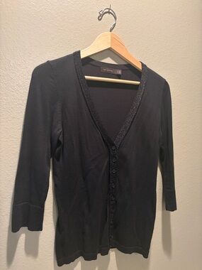 The Limited Black Sparkle Trim V-Neck Button Cardigan 3/4 Sleeve Dressy Knit S